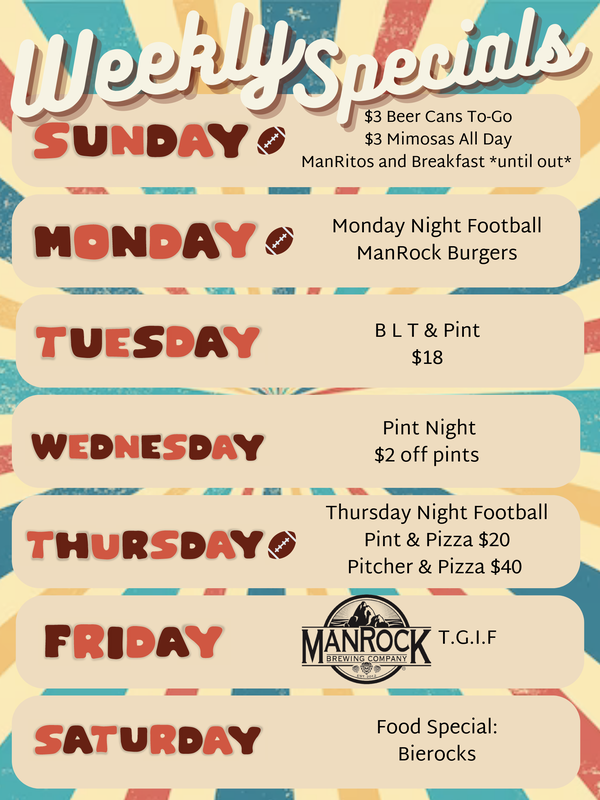 Weekly specials for the NFL season. Check out our Events page for more details.